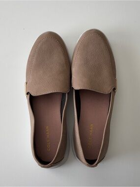 Cole Haan Taupe Leather Slip-On Loafers with Gold Accent